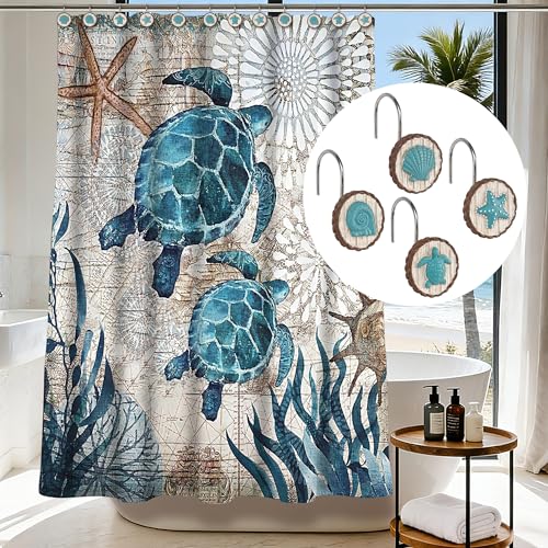 Sunlit Ocean Decorative Shower Curtain Hooks, Sea Turtle Spiral Shell Starfish Conch Shower Curtain Rings, Resin, Nautical Farmhouse Bathroom Decoration Beach Shower Curtain Hooks-12 Pack, Navy by Sunlit - Image 5