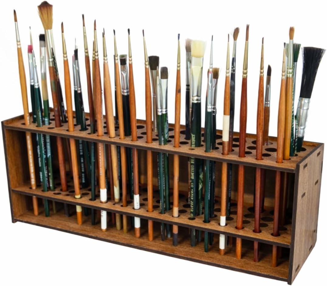 SODEF MDF Wooden Brush Stand, Desktop Paint Brush Organizer, 10.2x2.8x3.7 Inches, Brown - Brown