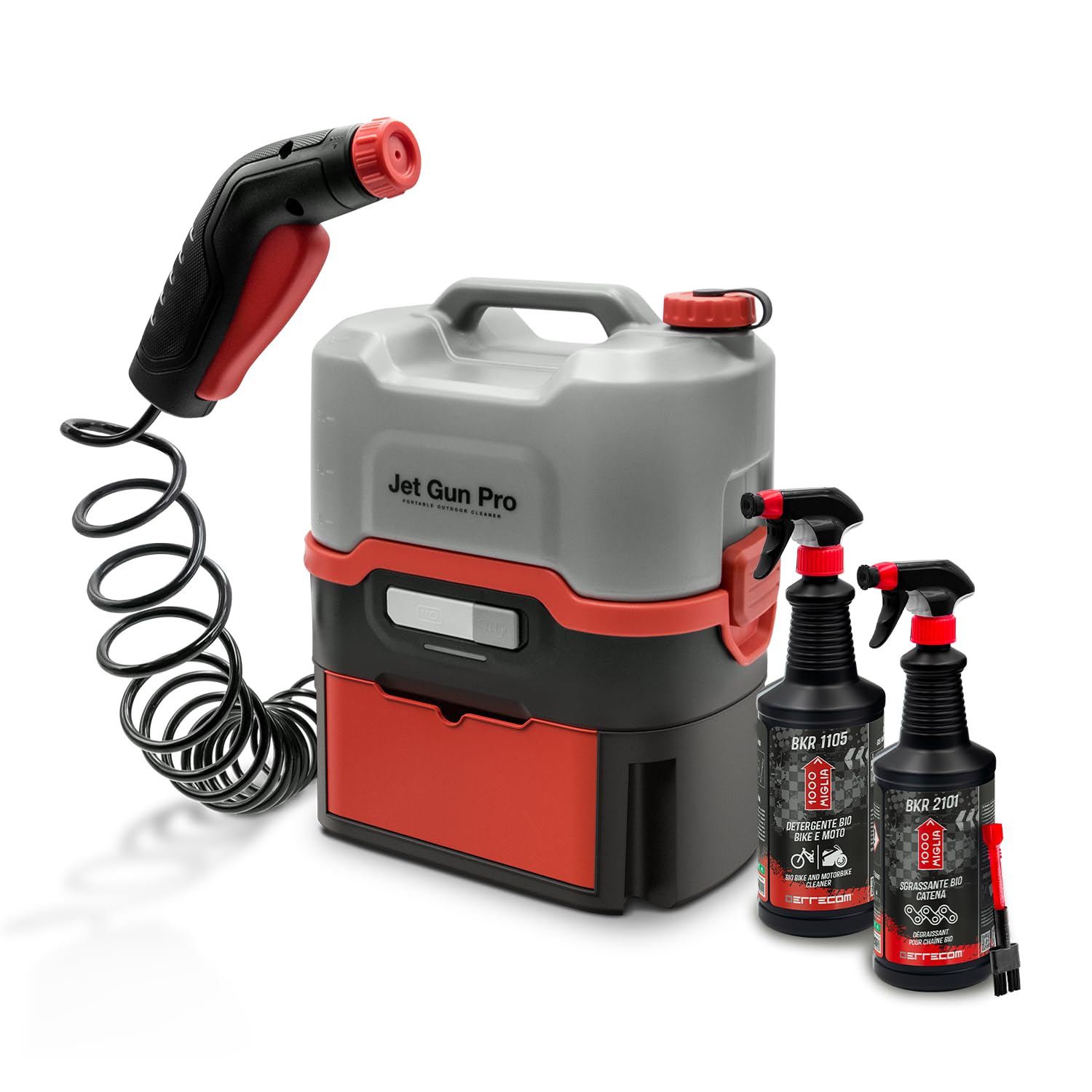 ERRECOM 1000 Miglia BIO Cleaning Kit for Bikes: JET GUN PRO+Portable High Pressure Cleaner with 8 L Water Tank,BKR 1105 BIO Bike Cleaner 1L Spray Bottle,BKR 2101 BIO Chain Degreaser 1L Spray Bottle