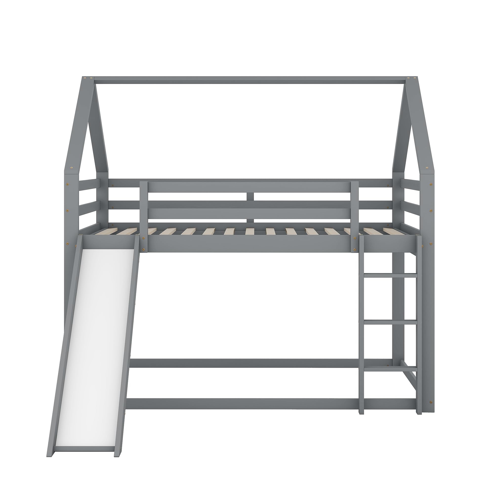 140x200 cm Etagenbett Kinder Holzbett mit Lattenrost und Rausfallschutz, Hausförmiges Bett mit kindgerechter Rutsche und Leiter, Kinderzimmer Doppelstockbett, Ohne Matratze, Grau