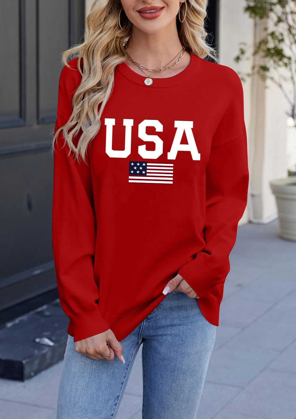 Lacozy Womens Sweater Crewneck USA Graphic Long Sleeve Tops Lightweight American Flag Sweatshirt 4th of July Outfits - Image 2