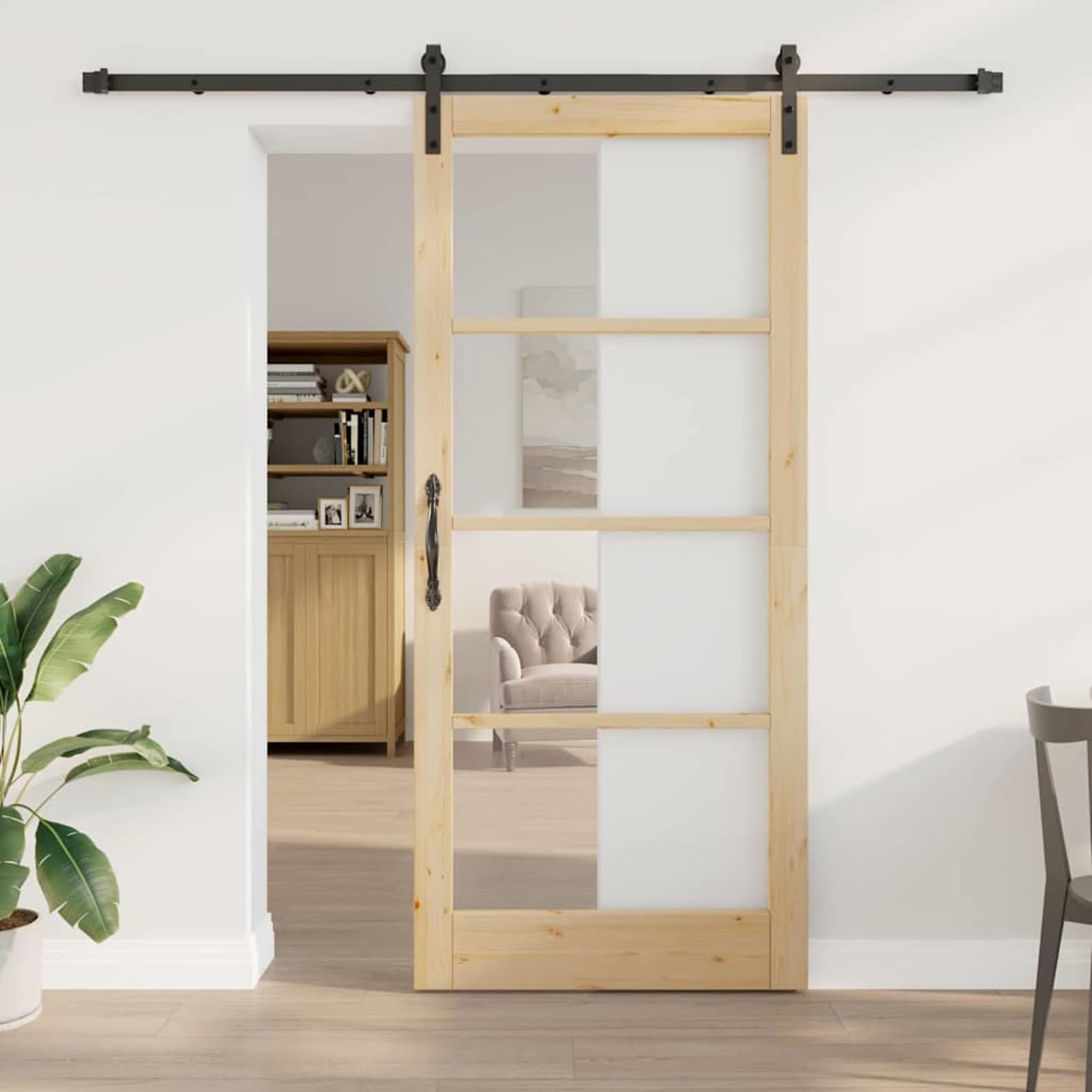 Drzwi przesuwne ORKDAL 213,5 x 211 cm z litego drewna sosnowego i bezpiecznego szkła w kolorze naturalnym – delikatne przesuwanie, wewnątrz, do nowoczesnych pomieszczeń mieszkalnych