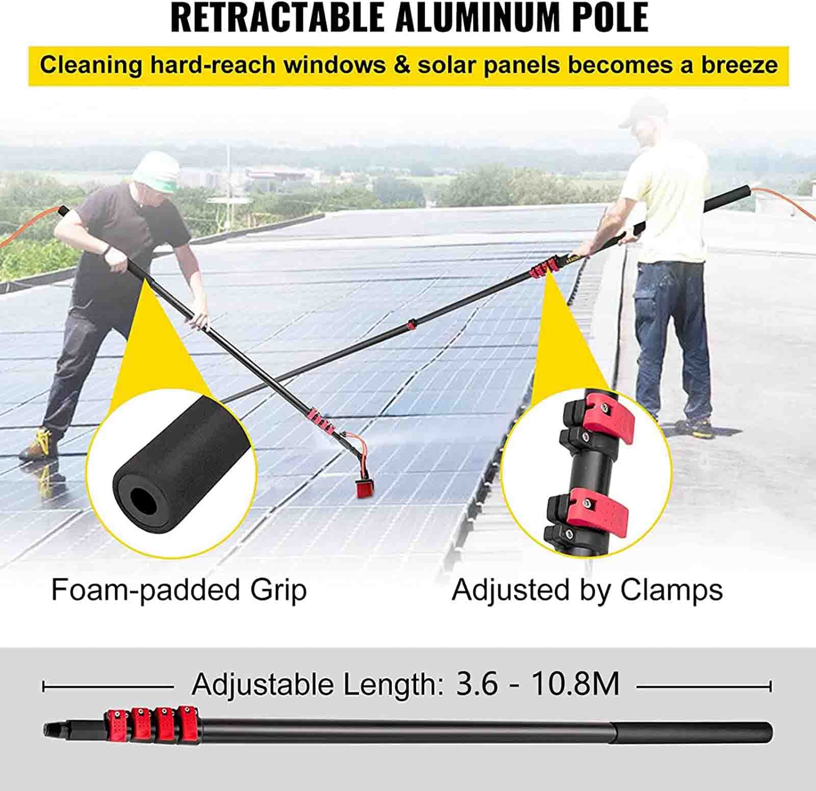Kit telescópico de limpieza de ventanas con suministro de agua, cepillo extensible y escobilla de goma, limpiador de paneles solares, alcance de 7,2 m, ideal para techos y superficies exteriores