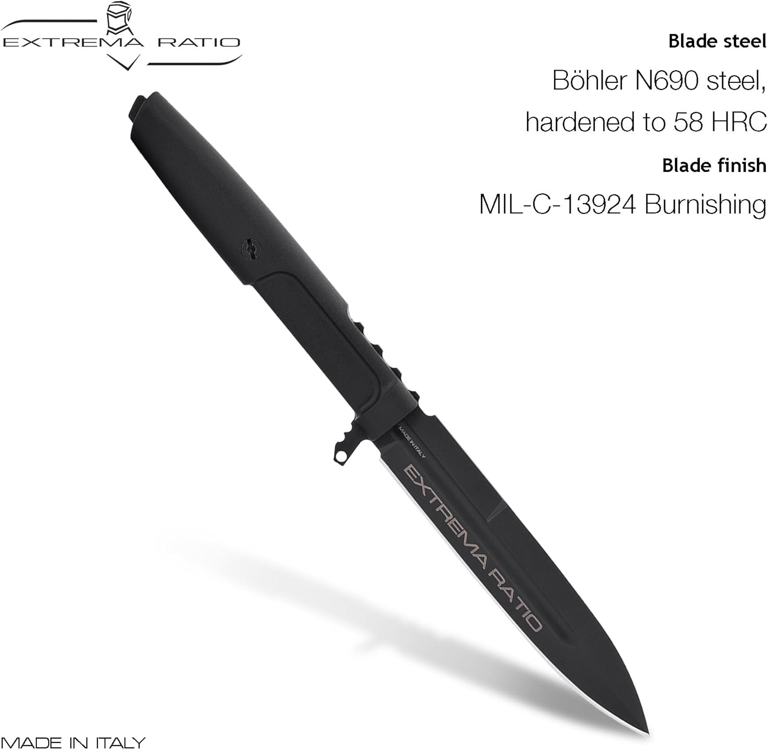 Extrema Ratio - Requiem (Black) Fixed Blade Knife, Bohler N690 steel blade 4.9 mm thick, hardened to 58 HRC, black burnished finish, lightweight ergonomic handle, made in Italy
