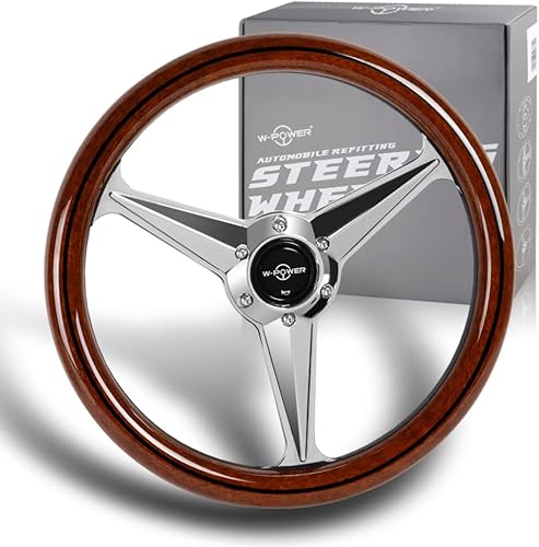W-Power, 14 pulgadas universal 13.780 in 6 pernos agujero estilo clásico con aluminio pulido madera oscura caoba agarre volante, botón de cuerno