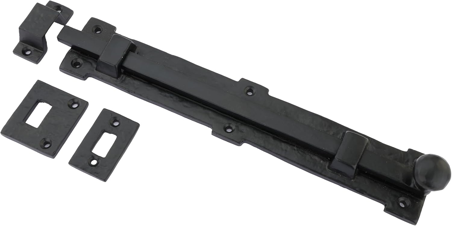 Set of 2, 12 Inch Length Black Powder Coated Iron Surface Slide Bolt Ideal for Doors/Gates/cabinets. Easy Installation