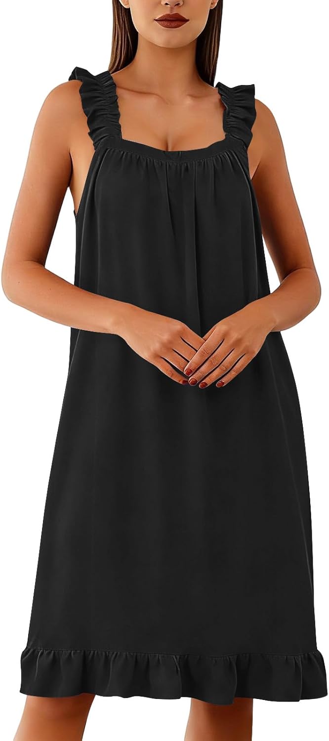 Sleeveless Nightgowns for Women Square Neck Ruffle Strap Flowy Dress Casual Sleepwear Lounge Midi Dresses