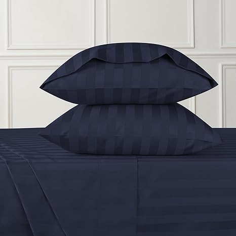 URBANHUT 800 Thread Count Egyptian Cotton Damask Striped Twin Size Sheets Set (4 Pc) - Ultra Soft & Smooth, Sateen Weave Twin Size Bed Sheets, Luxury Hotel Sheets with 16" Deep Pocket - Navy Blue