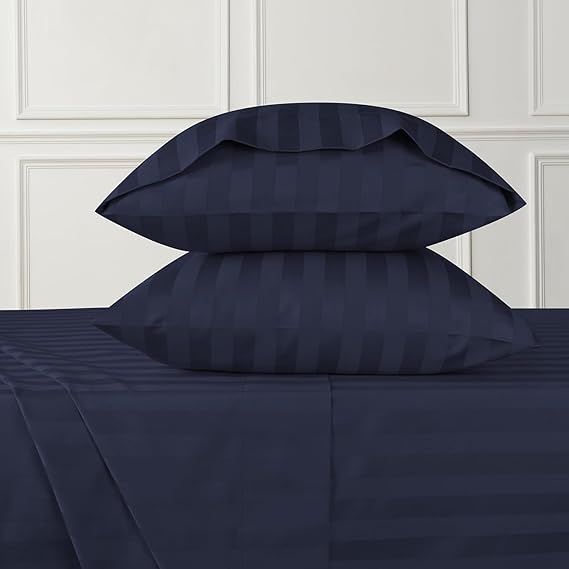 URBANHUT 800 Thread Count Egyptian Cotton Damask Striped Twin Size Sheets Set (4 Pc) - Ultra Soft & Smooth, Sateen Weave Twin Size Bed Sheets, Luxury Hotel Sheets with 16" Deep Pocket - Navy Blue
