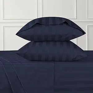 URBANHUT 800 Thread Count Egyptian Cotton Damask Striped Twin Size Sheets Set (4 Pc) - Ultra Soft & Smooth, Sateen Weave Twin Size Bed Sheets, Luxury Hotel Sheets with 16" Deep Pocket - Navy Blue