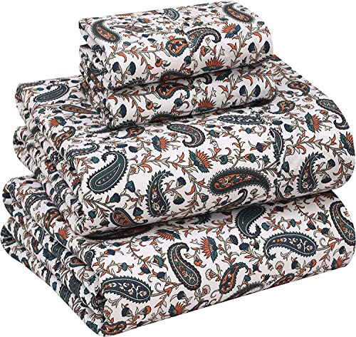 RUVANTI 100% Cotton Split King Sheets Sets for Adjustable Bed, 5 PCs, Soft & Breathable Percale Weave Bedding, Deep Pocket 16", Hotel Standard, Crisp Cool Feel & Durable, Floral Sheet, Teal Paisley