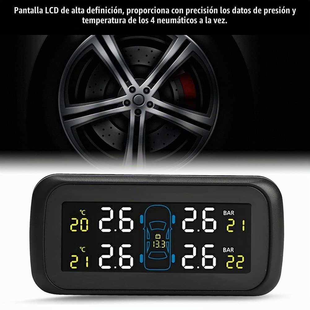 Sistema de control de presión de neumáticos, sensor de presión de neumáticos TPMS para automóvil con monitor de pantalla LCD, 4 sensores internos, cargador USB para encendedor de cigarrillos