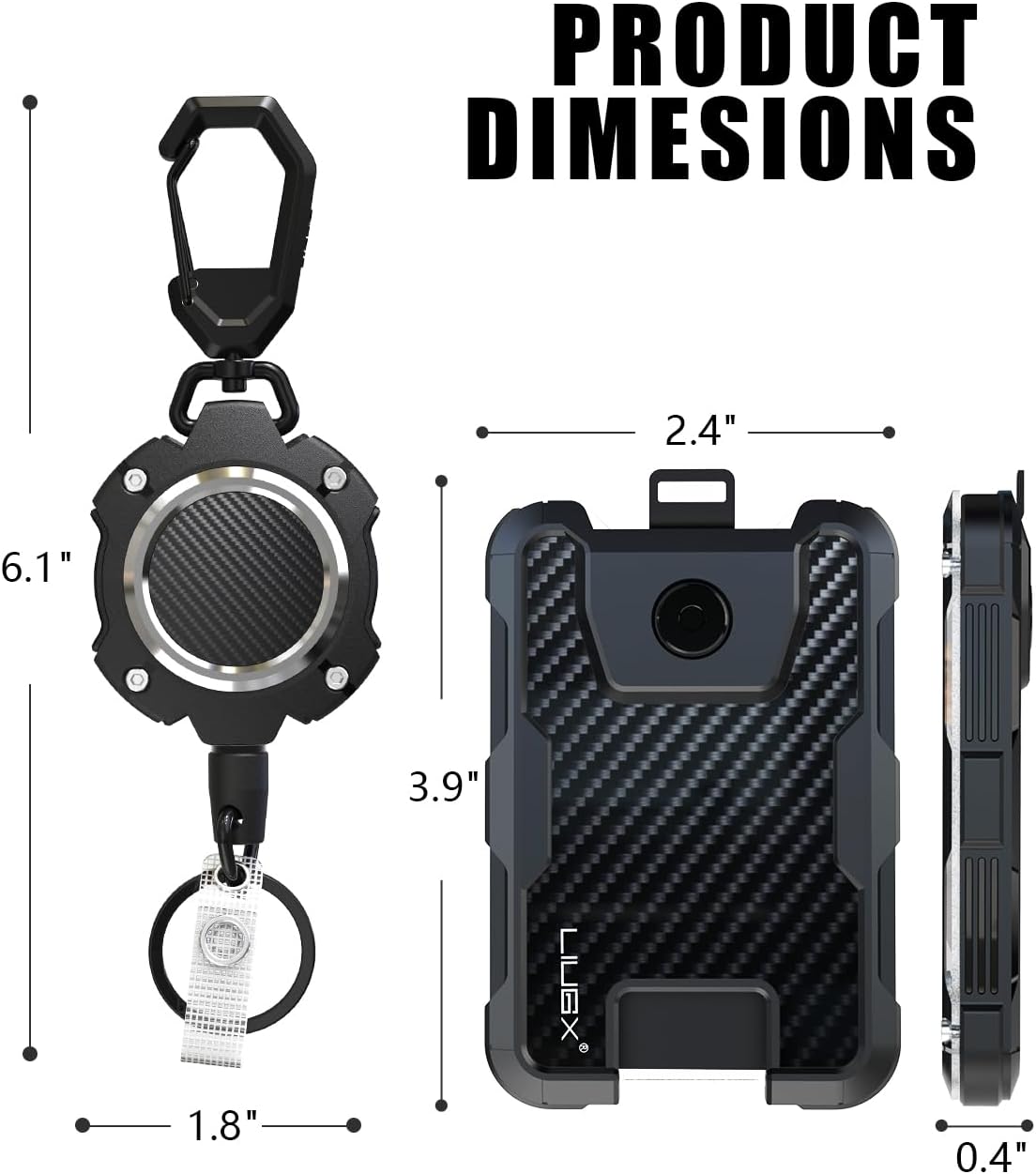 LIUGX Retractable Badge Holders,Carbon Fiber Badge Holder,Heavy Duty Carabiner Keychain, Durable ID Card Holder (Holds 6 Cards), with 31.5” Badge Reel Key Chain, 10,000+ Rebound,Silver-Black