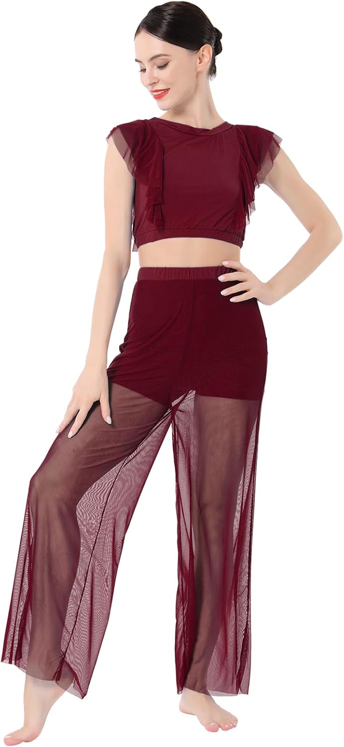 AFAVOM Lyrical Dance Dress for Women Modern Contemporary Dance Costume Chiffon Crop Top + Mesh Pants Ballet Leotard Outfit - Image 6