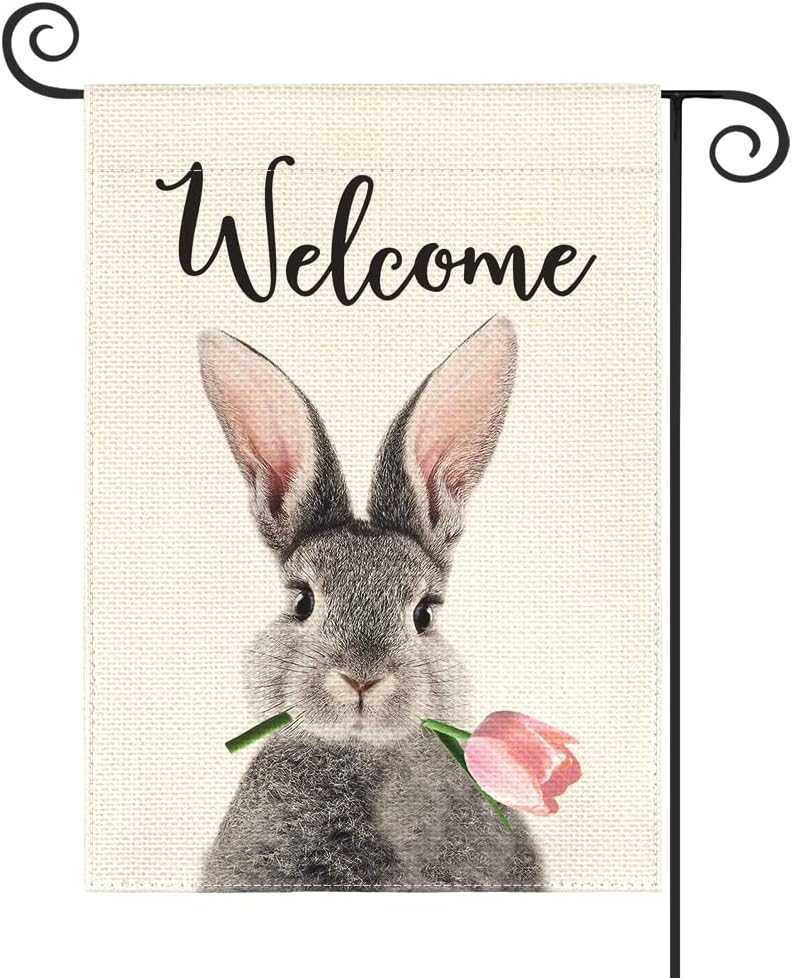 AVOIN colorlife Welcome Rabbit Garden Flag 12x18 Inch Double Sided, Spring Easter Bunny Tulip Holiday Yard Outdoor Decoration