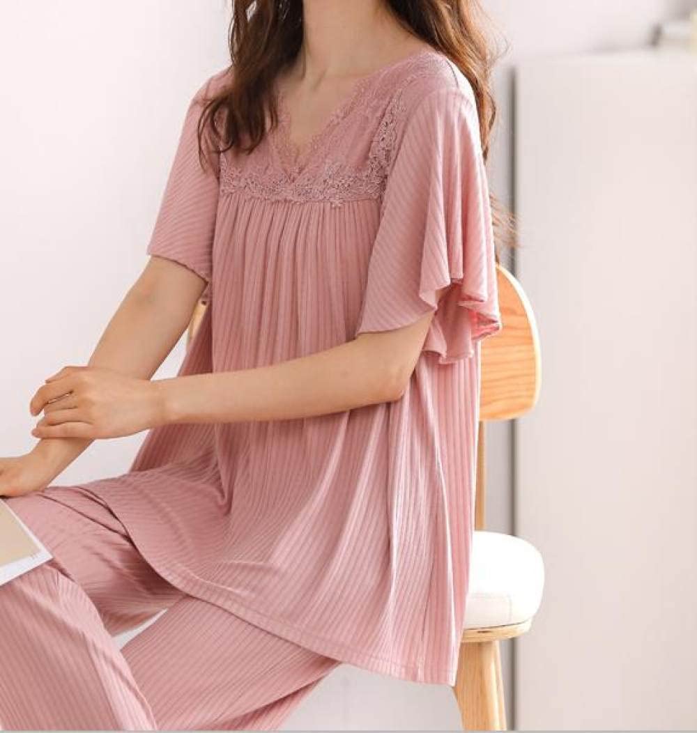 SNPP Pigiama da Donna in Due Pezzi,Set Pigiama da Donna, Pigiama A Due Pezzi in Cotone Tinta Unita, Set di Maniche Corte E Pantaloni in Morbido Pizzo Rosso Chiaro, Regali Pigiama Festivo per Le Donne