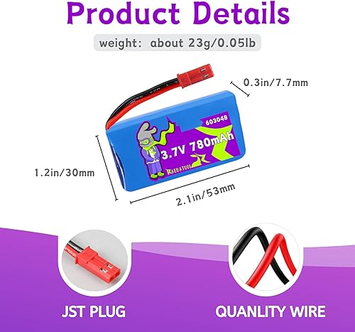 Miniatura 3 de Baterías Lipo de 3.7 V 780 mAh 603048 25C para drones V686 V626 V636 Q222, algún tipo de barco RC, coche de velocidad de control remoto, avión de