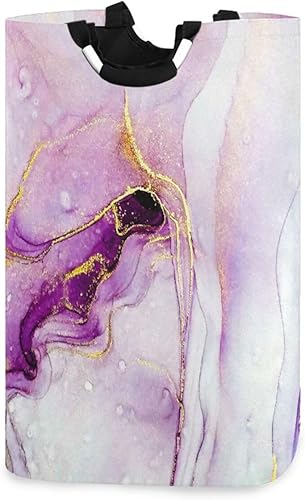 WELLDAY Cesta de lavandería con asa, canasta de lavandería plegable con diseño de mármol morado, cesta de ropa sucia, organizador de lavandería
