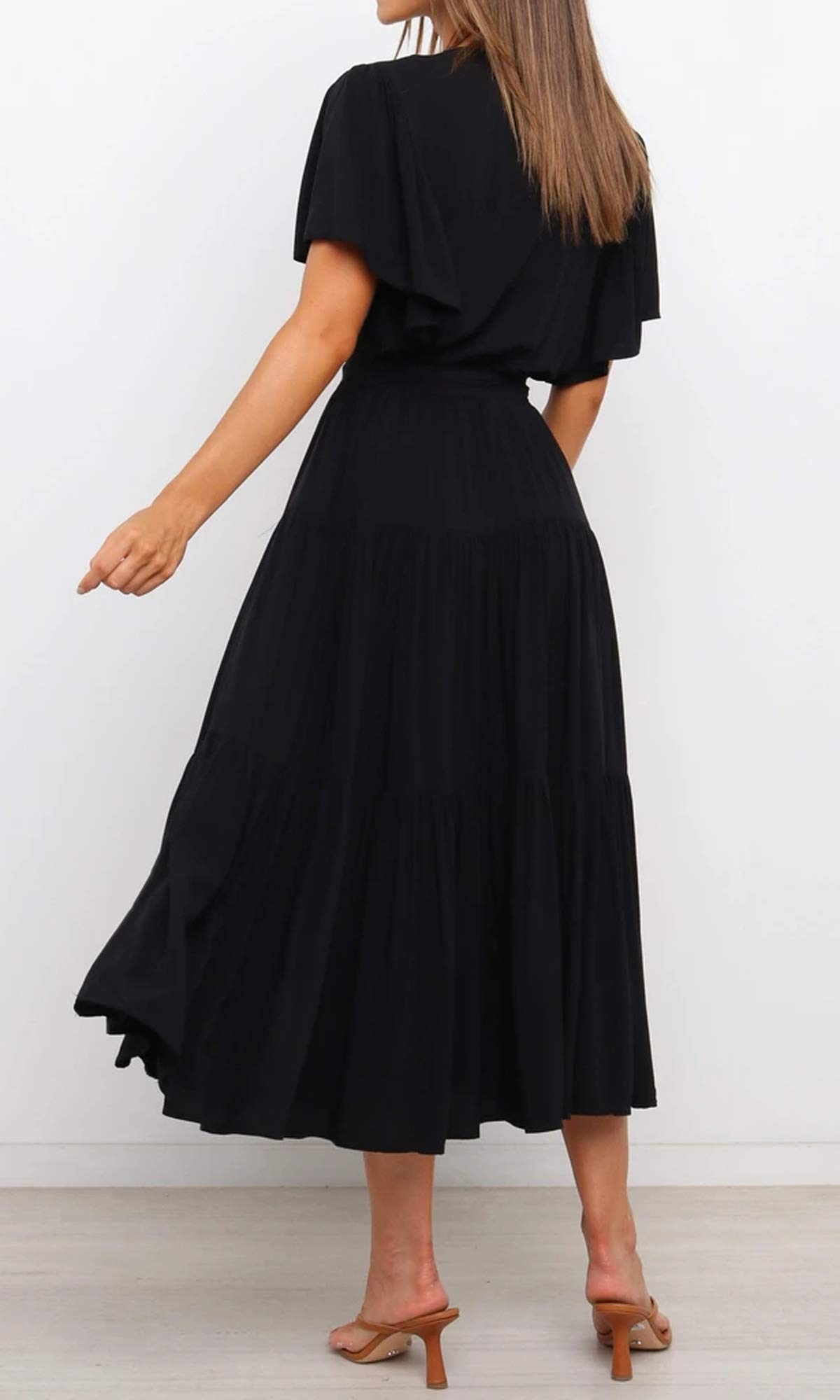 R.Vivimos Summer Dress for Women Cotton Ruffle Short Sleeves V Neck Casual Flowy Midi Dress with Belt