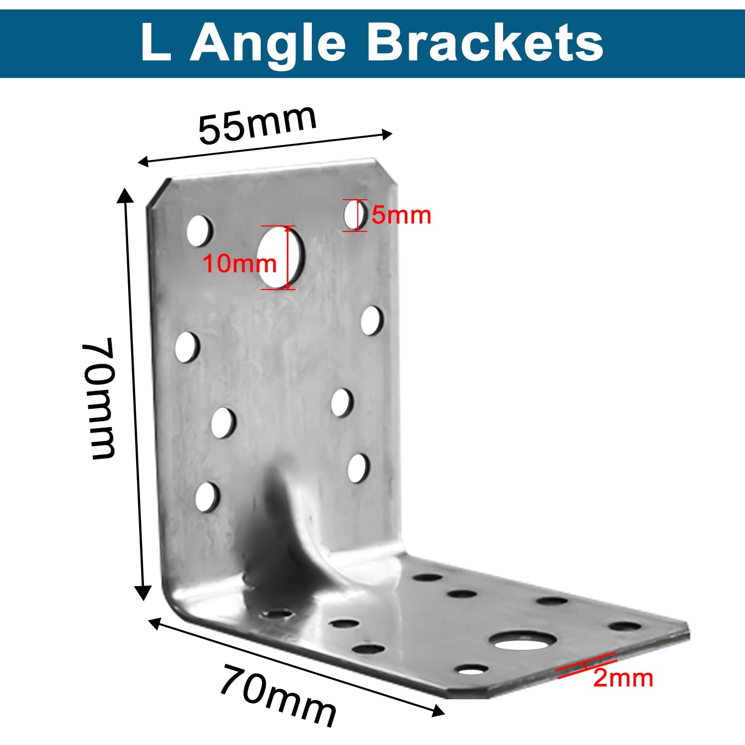12 Pcs Corner Braces Brackets, Heavy Duty Angle Brackets, 70x70x55mm, 2mm Thick, Metal Steel Galvanised - Image 2