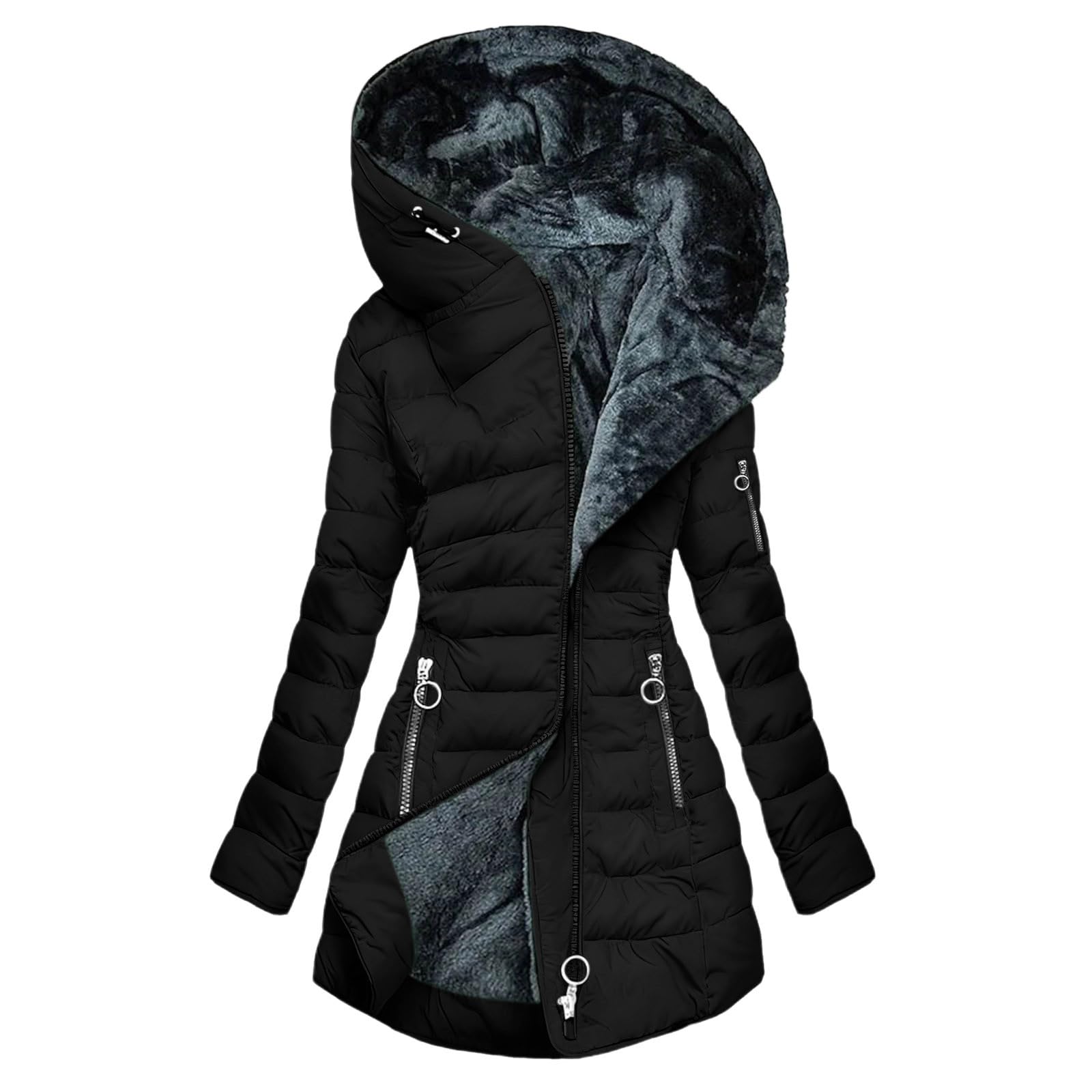 Generico Cappotto Donna Invernale Lungo Giacca Imbottita in Cotone Parka Giubbotto con Cappuccio Giacca Casual Calda Piumino Leggero Impermeabile Cappotti Pile Antivento Jacket
