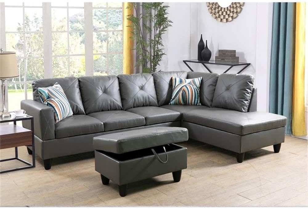 BOWERY HILL L-Shaped Gray Microfiber Sectional Couch with Ottoman and Toss Pillows, 66.5" W x 30.5" D x 33.5" H, Durable Upholstered Fabric, Modern Living Room Seating, Easy Assembly, Storage Ottoman