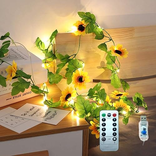 Tira de luces de simulación de girasol, enredaderas colgantes, guirnalda de plantas, girasol artificial de seda, 100 luces LED para decoración del