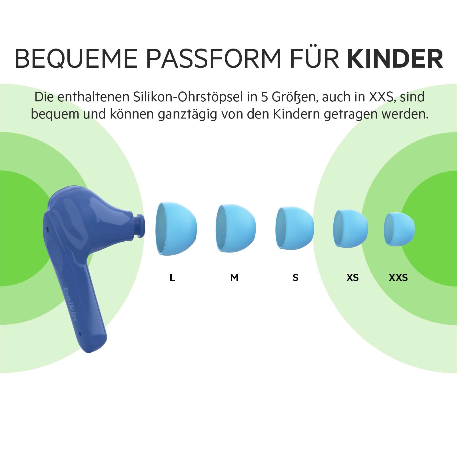 Belkin SOUNDFORM Nano, Bluetooth-Kopfhörer für Kinder, kabellos, 85-dB-Begrenzung zum Gehörschutz, Online-Unterricht, Schule, IPX5-zertifiziert, 24 Std – Blau, One Size, PAC003btBL | In-Ear-Bluetooth-Ohrhörer für Kinder ab 7 Jahren, 85 dB Lautstärkebegren