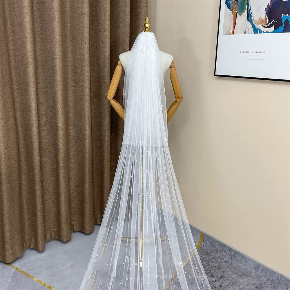 Ślub Welon slubny z grzebieniem sztuczna perla dwuwarstwowy dlugi welon slubny o dlugosci katedralnej welon slubny dla narzeczonych (Color : Ivory, Size : 250cm)