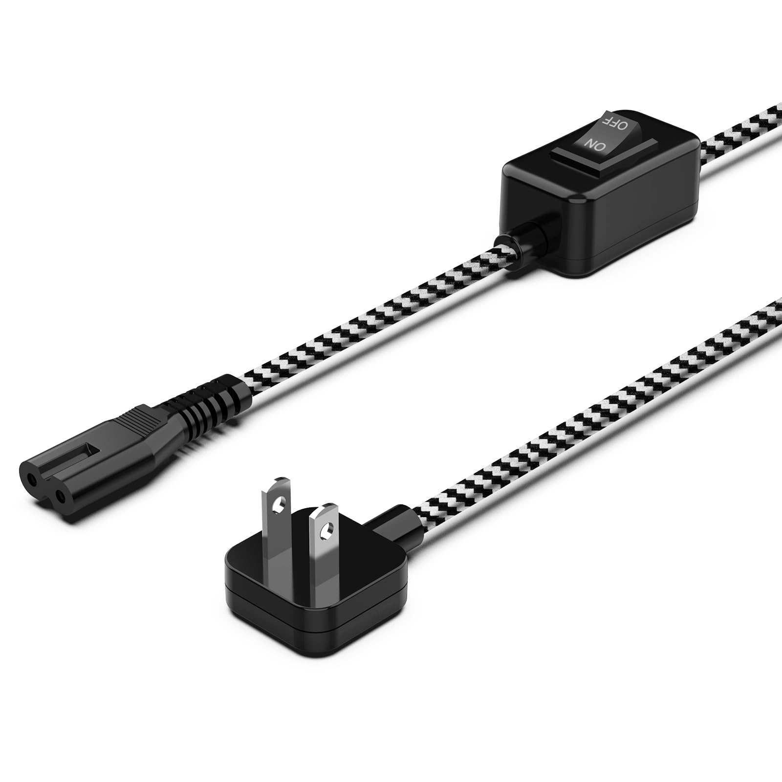 Braided Power Cord with Switch 5ft, Power Supply Replacement AC Cable Flat Wall Plug 2 Prong, Figure 8 Extension Cord for TV, Monitor, Charger, Playstation, Xbox and Other Electronic Gadgets, Black