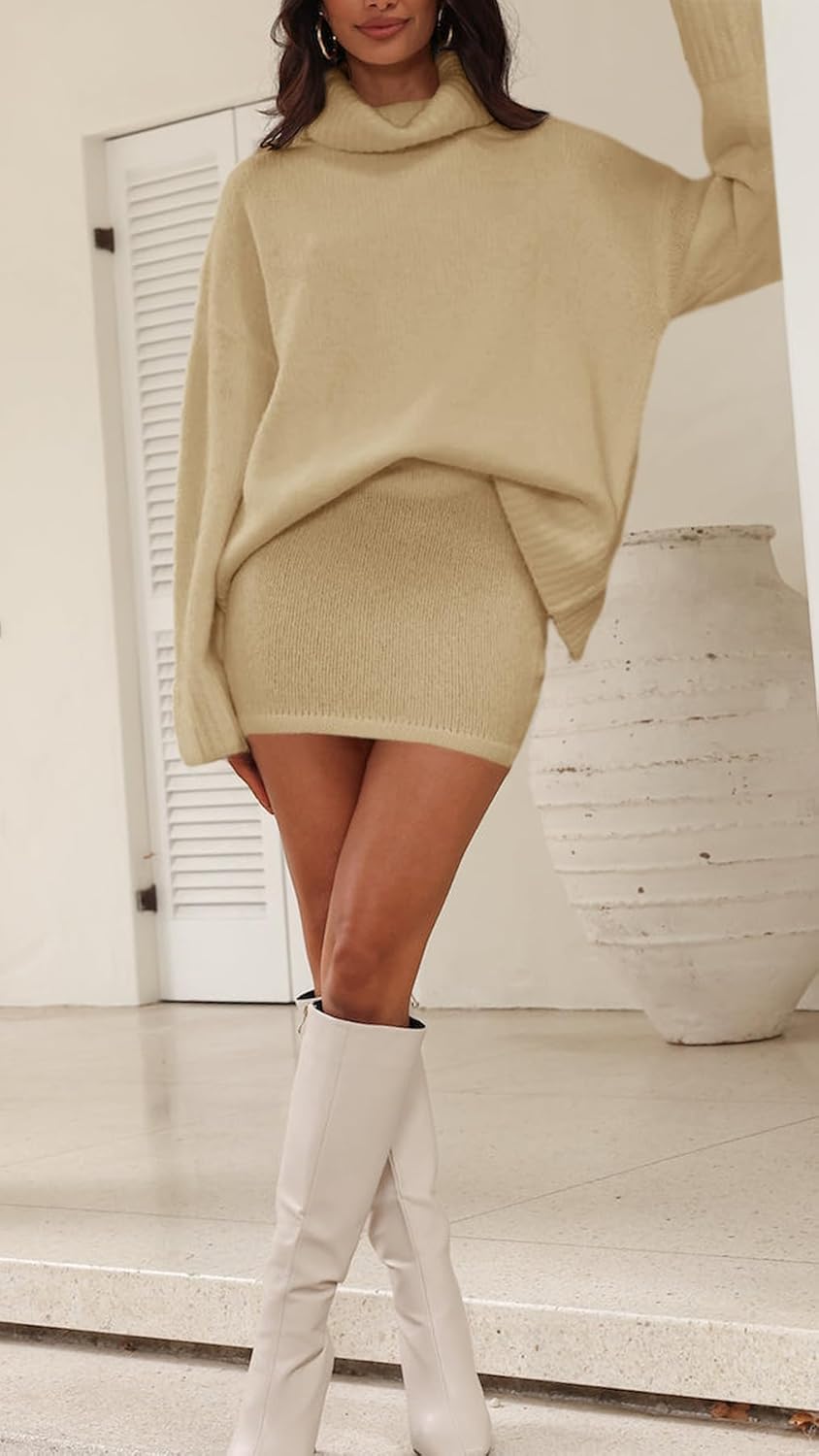 Langwyqu Womens 2 Piece Outfits Sweater Sets Turtleneck Oversized Sweaters and Mini Skirts Fall Winter Trendy Loungewear - Image 3