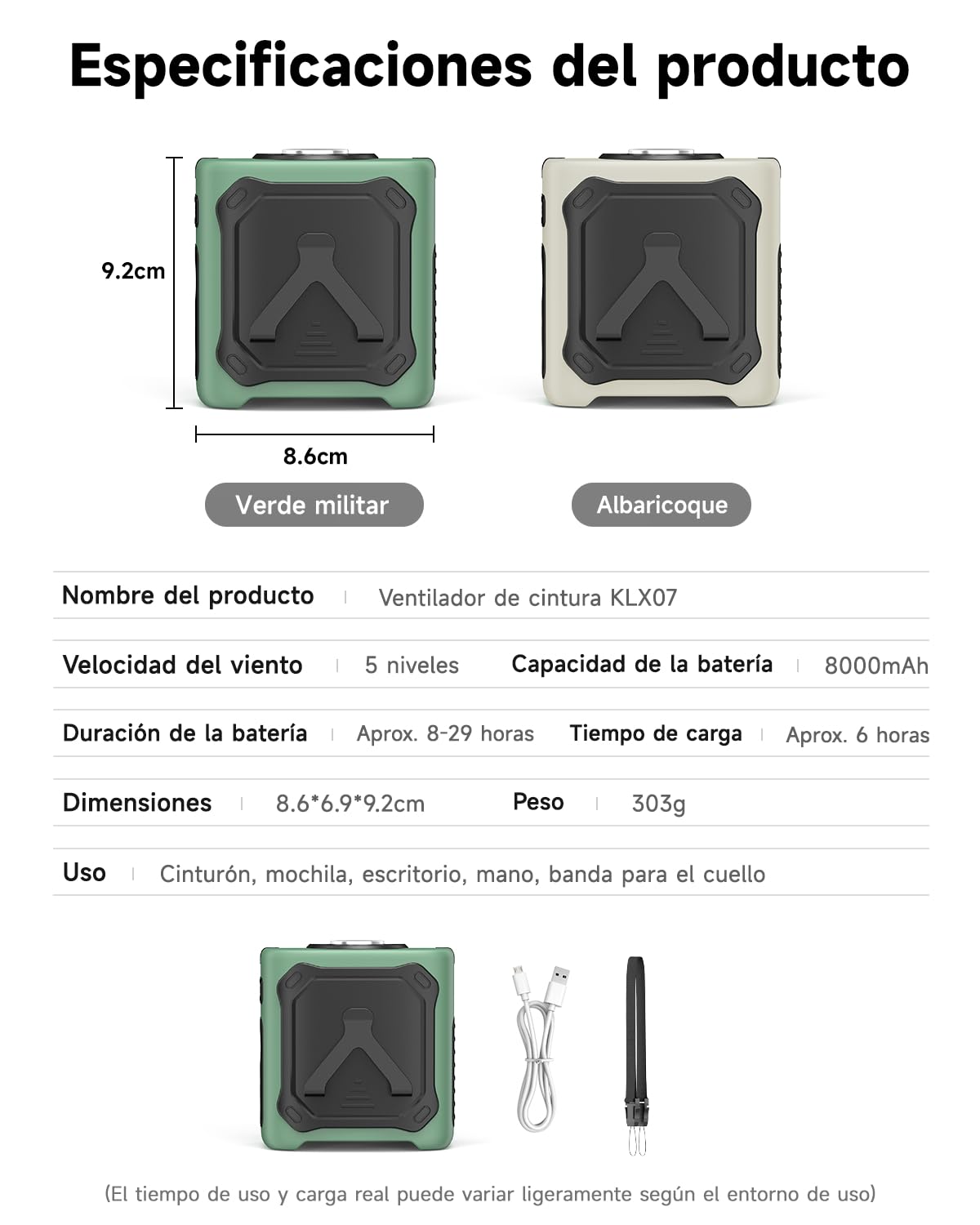 2026 Ventilador de cinturón portátil,refrigeración personal,29H batería 8000mAh y,5 velocidades y 13000 RPM,luz LED con función SOS,para obra,camping,exteriores y trabajo en verano Verde militar