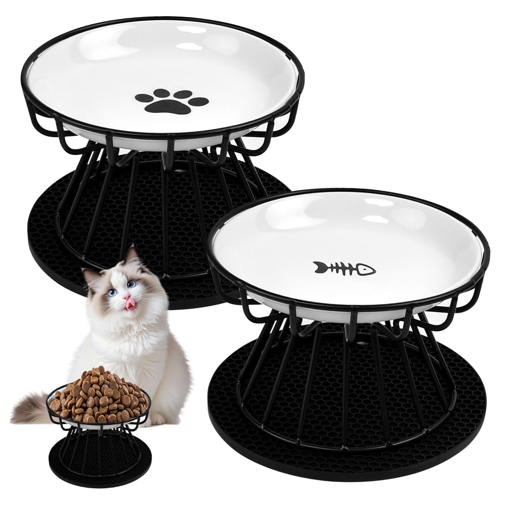 BRRDAQU 2 Stück Katzennapf Erhöht aus Keramik mit Metallständer & Silikon-Matte Futternapf Katze Anti Erbrechen Katzenfressnapf für Futter & Wasser Erhöhte Futterschüssel für ältere Katzen Kätzchen