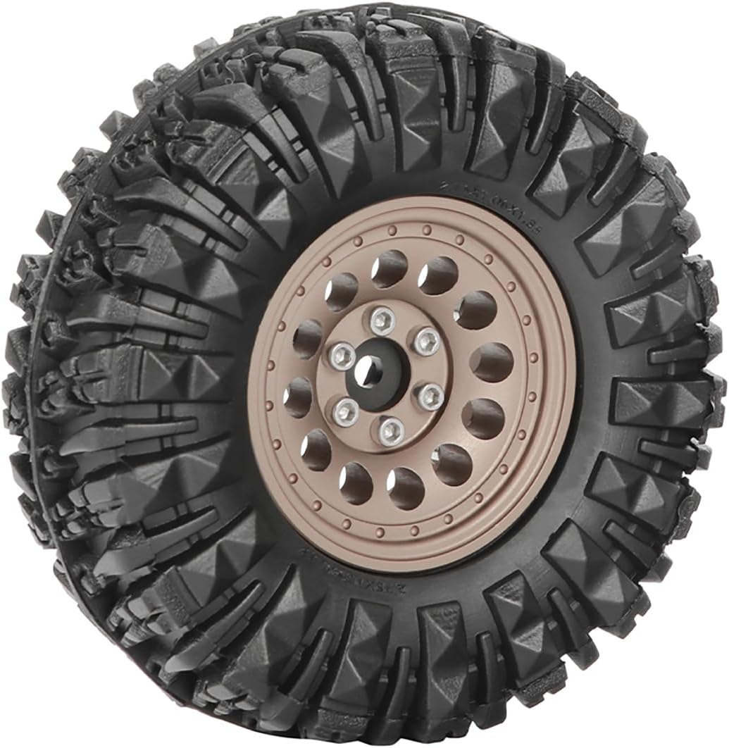 4PCS 1.3" Aluminum Alloy Beadlock Wheel Rims All-Terrain Tyre 70mm Rubber Tires Set with 5mm & 7mm Hex for 1/12 1/14 1/18 1/24 RC Rock Crawler Car Upgrade Parts (B-Brown)