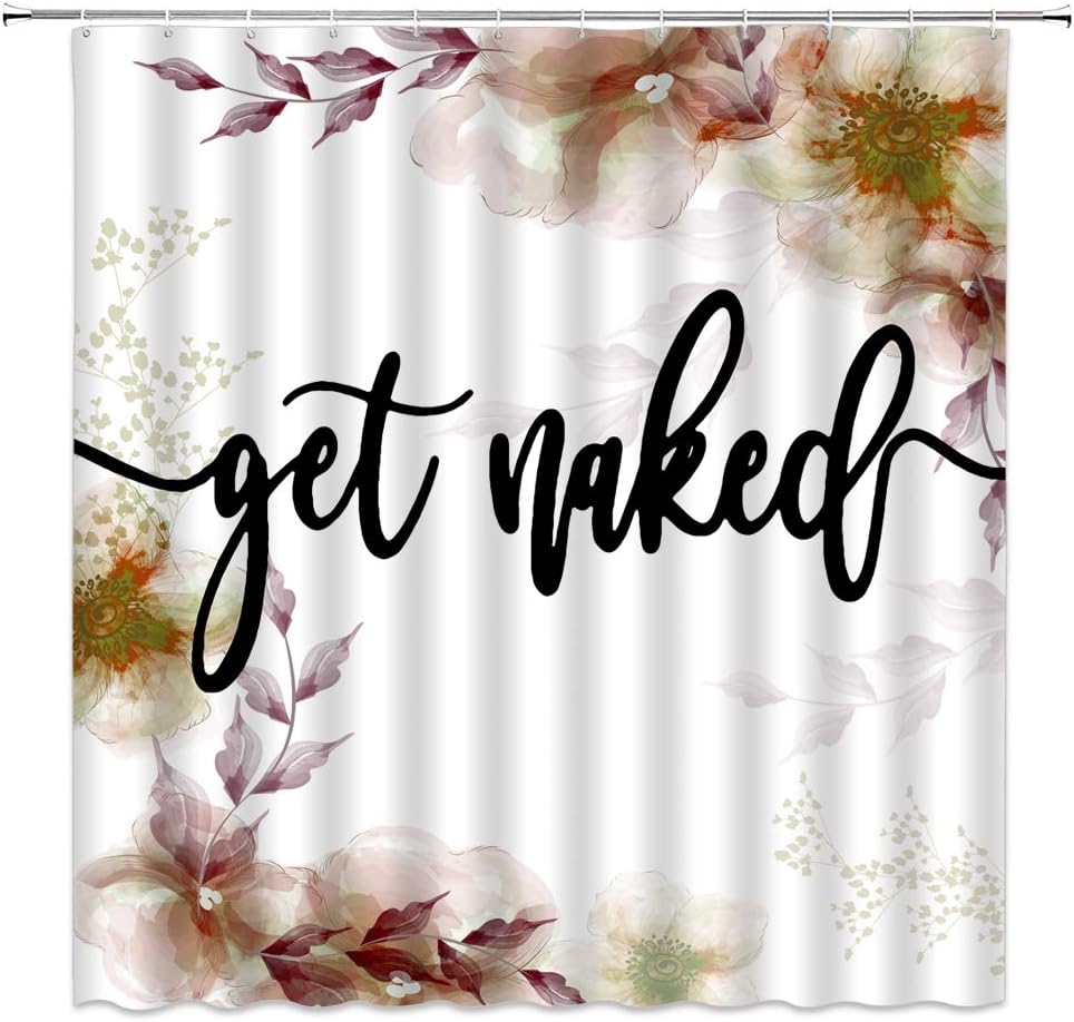 Watercolor Flower Shower Curtain Coral Pink Floral Leaf Funny Quote Get Naked White Spring Botanical Plant Simple Creative Rustic Bathroom Decor Fabric Decor Curtains with Hooks