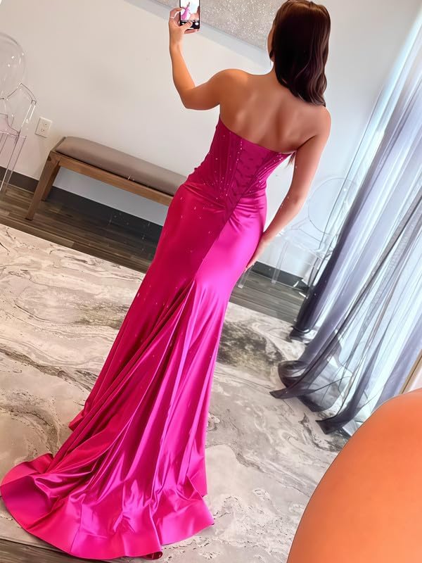 Strapless Prom Dresses Satin Sequin Beaded Formal Dresses Mermaid Evening Gown with Slit - Image 2