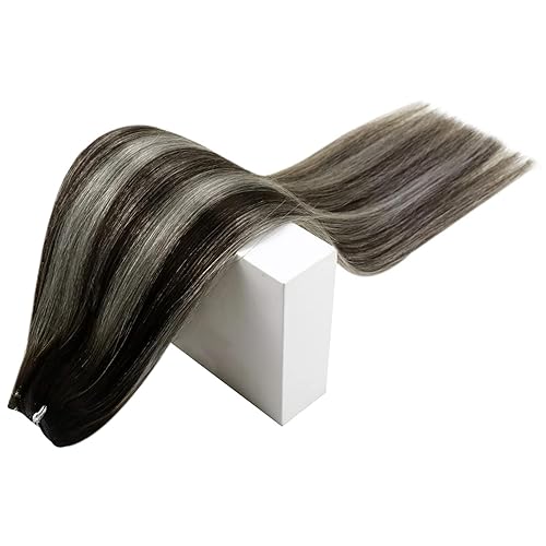 Miniatura 9 de RUNATURE Extensiones de cabello humano con trama balayage, mezcla de color negro y plateado con raíces negras, 20 pulgadas, 3.53 onzas, extensiones