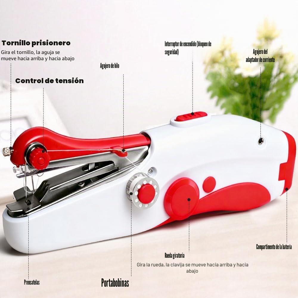 Máquina de Coser Portátil, Mini máquina de coser manual Con accesorios de costura, Mini Máquina de Coser Electrica para Principiantes y Adultos, para Ropa, Telas, Cortinas, Bricolaje.（Roji）