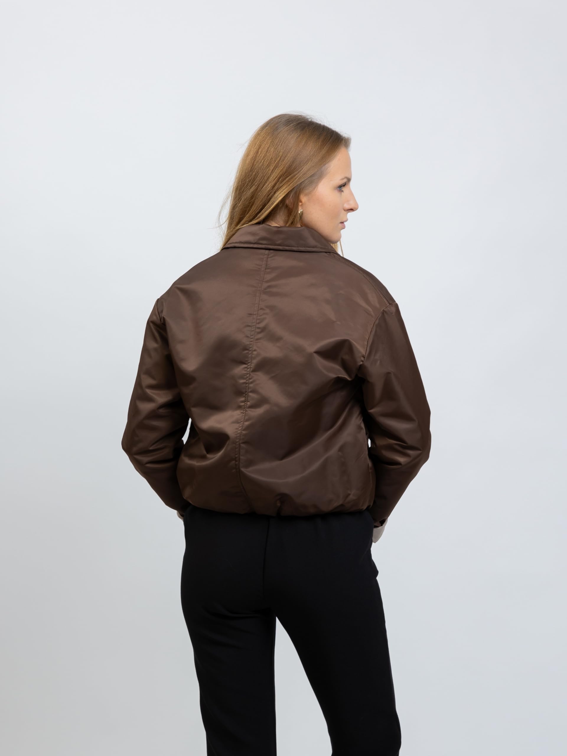 Blouson Bomber Femme avec Fermeture Zip, Col à Revers, Poignets et Bas Élastiques, Doublure Contrastée