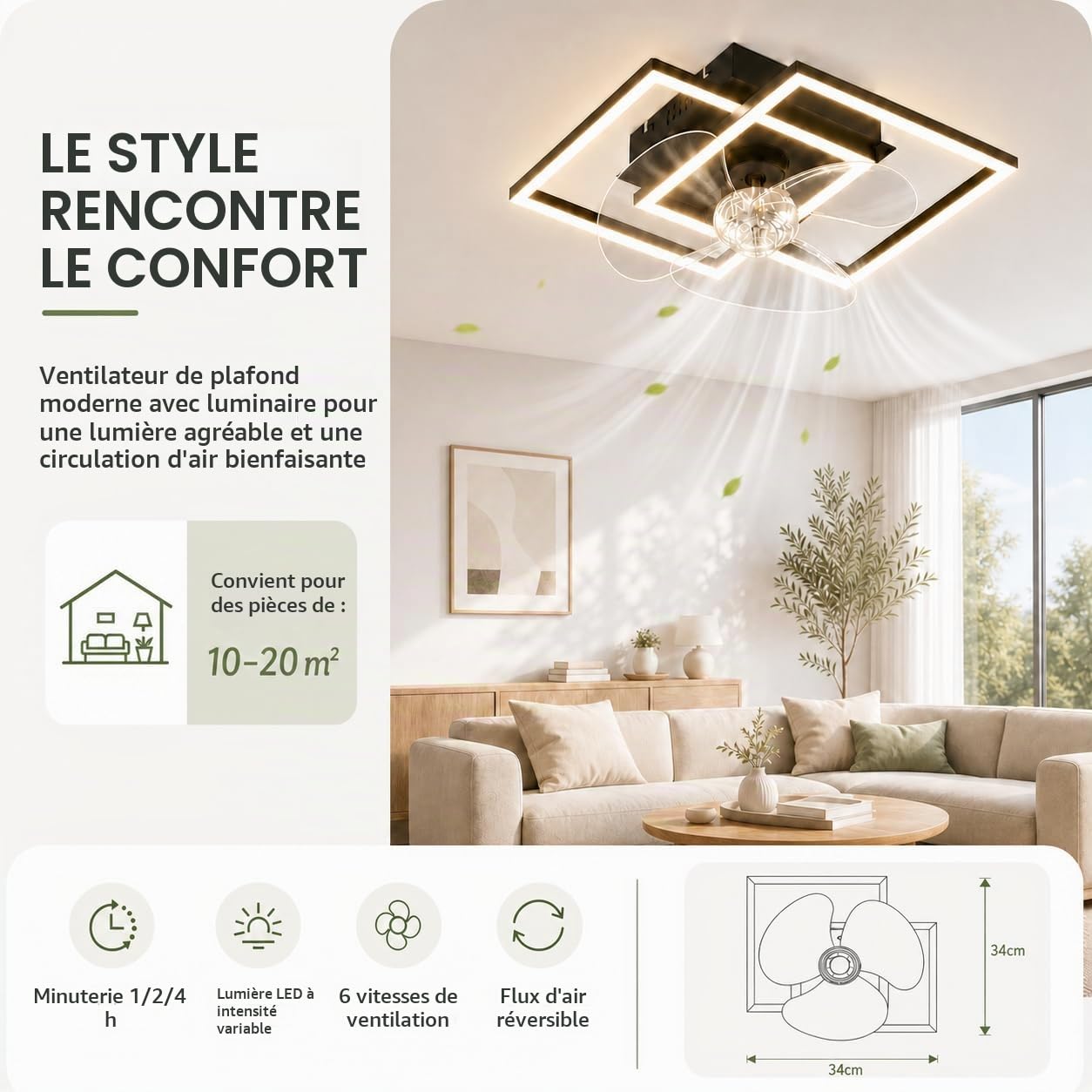 LED Lampe de Plafond Ventilateur Dimmbar Ventilateur Eclairage 29W