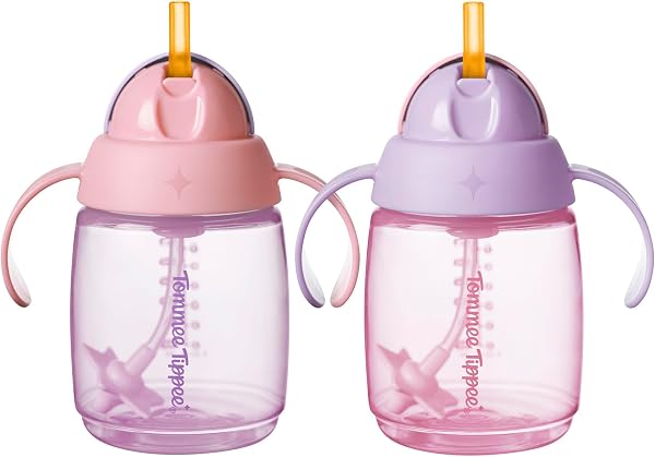 Tommee Tippee Trainer Straw Cup, 240ml, Easy Transition Toddler Cup for 6 Months+, with Silicone Weighted Straw and Easy-Hold Handles, Pink and Purple, 2 Pack - 1