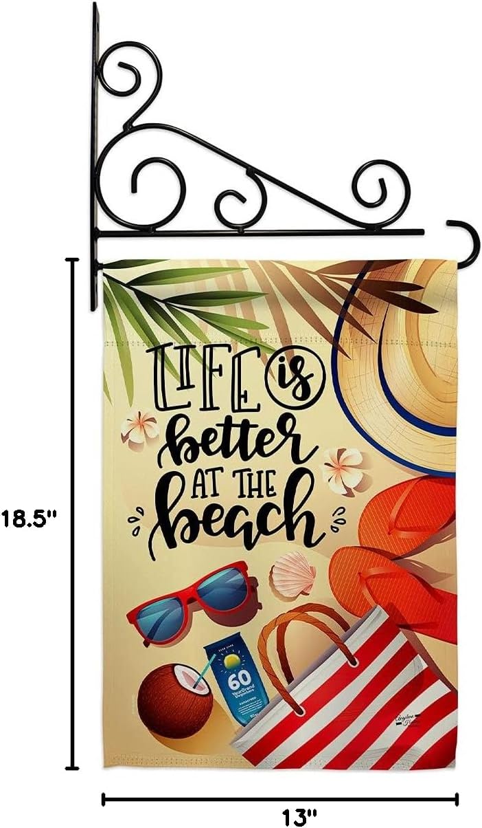 Life is Better Garden Flag Set Wall Holder Coastal Beach Tropical Sea Shells Ocean Sand Outdoor Summer Coral Small Decorative Gift Yard House Banner Double-Sided Made In USA 13 X 18.5