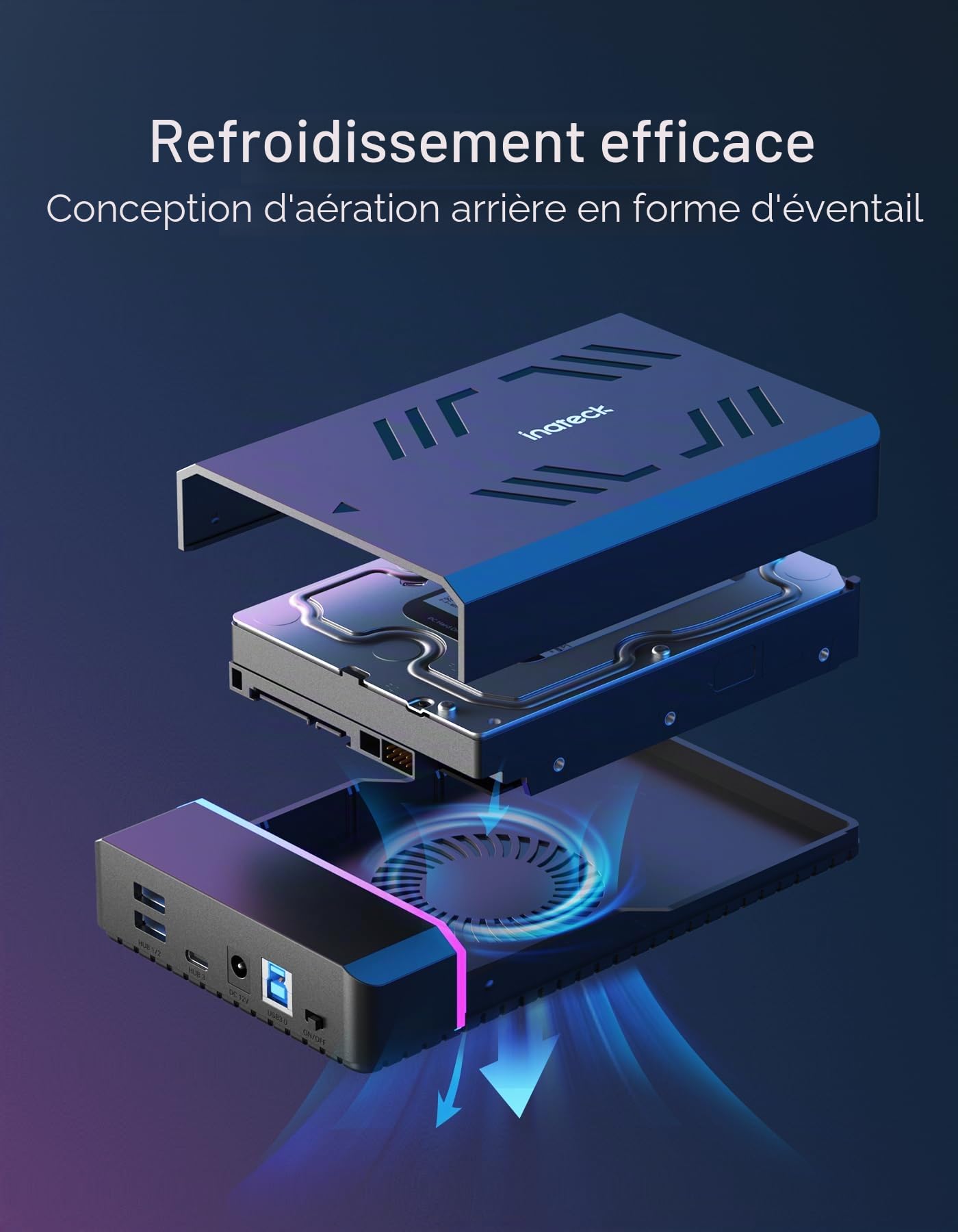 Inateck Boîtier Disque Dur RGB 3,5 Pouces, Boîtier Externe USB 3.0 pour SATA HDD et SSD 2,5''/3,5'', avec Ports d'Extension et Adaptateur d'alimentation 12V/2A, Prend en Charge jusqu'à 20 to, FE3003