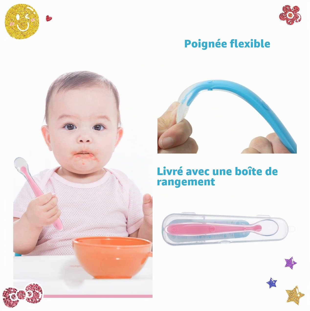 Cuillère Bébé Silicone Sans BPA 4 Pièces avec Boîte de Rangement