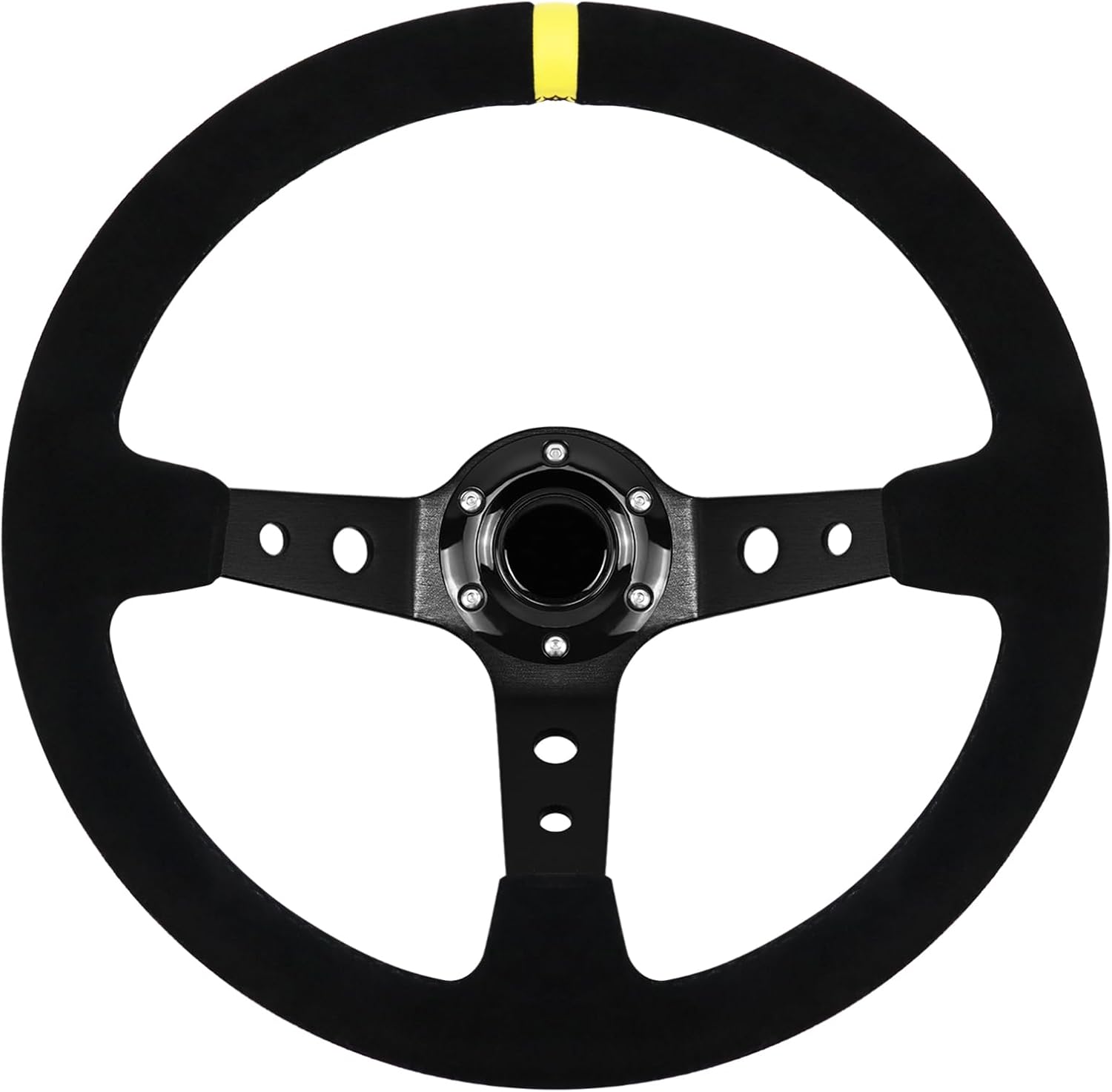 13.6" Universal Suede Steering Wheel Deep Dish Racing Steering Wheel 6 Bolts with Horn Button for Race/Rally/Motorsport/Car Sim Driving,Yellow Positioning Line