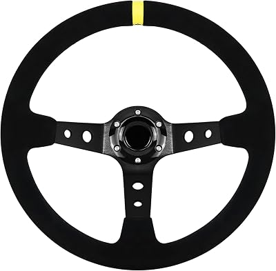 13.6" Universal Suede Steering Wheel Deep Dish Racing Steering Wheel 6 Bolts with Horn Button for Race/Rally/Motorsport/Car Sim Driving,Yellow Positioning Line