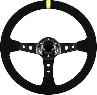 13.6" Universal Grip Suede Deep Dish 6 Bolts Gaming Racing Steering Wheel leather with Horn Button for Race/Rally/Motorsport/Car Sim Driving-With yellow positioning line