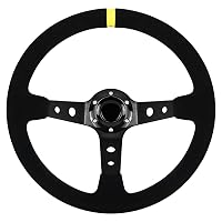 13.6" Universal Suede Steering Wheel Deep Dish Racing Steering Wheel 6 Bolts with Horn Button for Race/Rally/Motorsport/Car Sim Driving,Yellow Positioning Line
