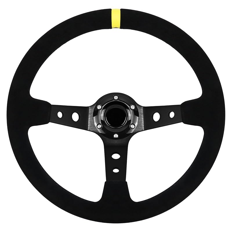 Volante Esportivo de Direção VOONKE 34,5 cm em Camurça, 3 Raios, Cubo Profundo, Botão de Buzina e Linha Amarela de Posicionamento VK-RSW01RP
