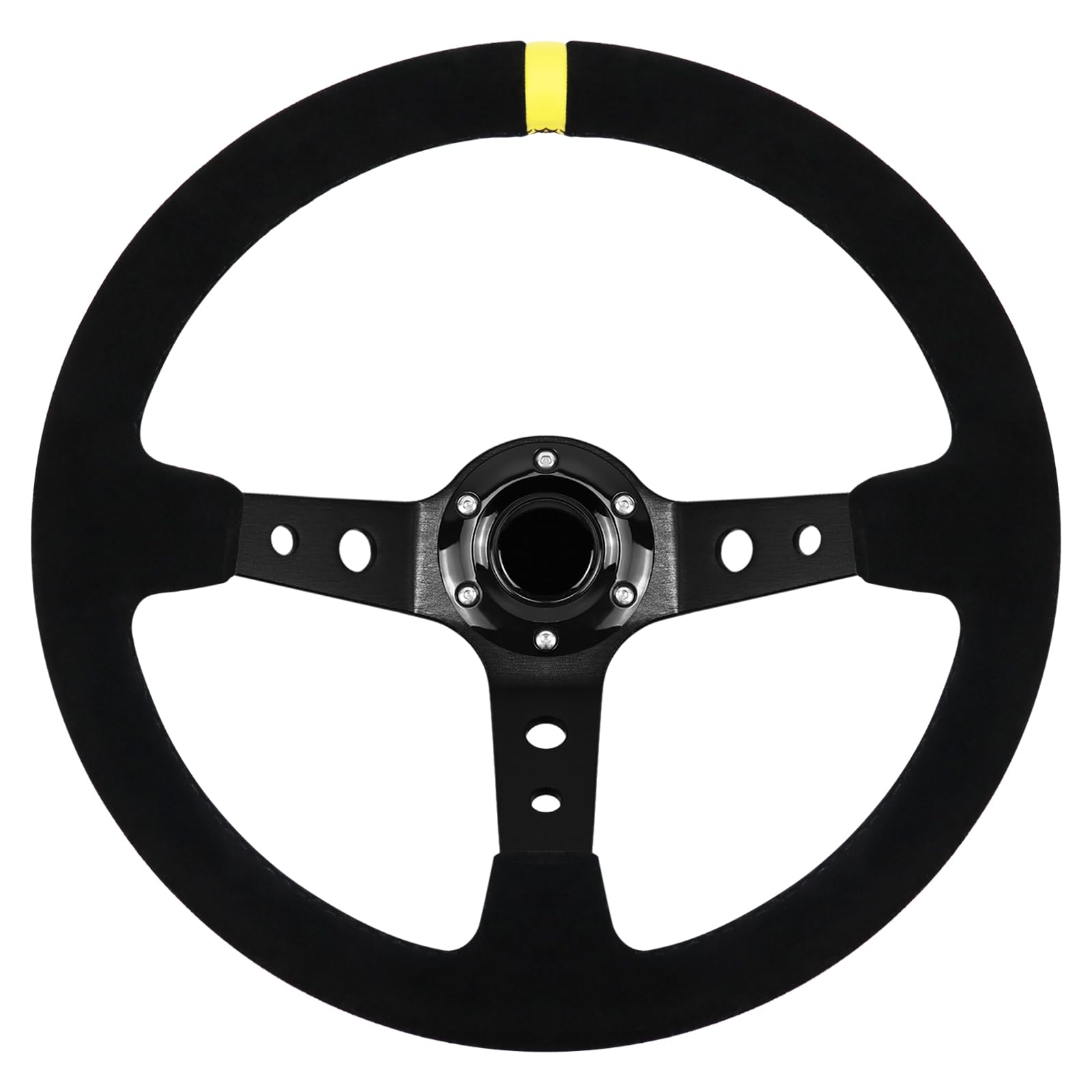 Volante de carreras VOONKE 13,6" de gamuza con agarre universal, plato hondo, 6 pernos, de cuero con botón de bocina para carreras, rally, deportes de motor, simulación de conducción de coches con línea de posicionamiento amarilla